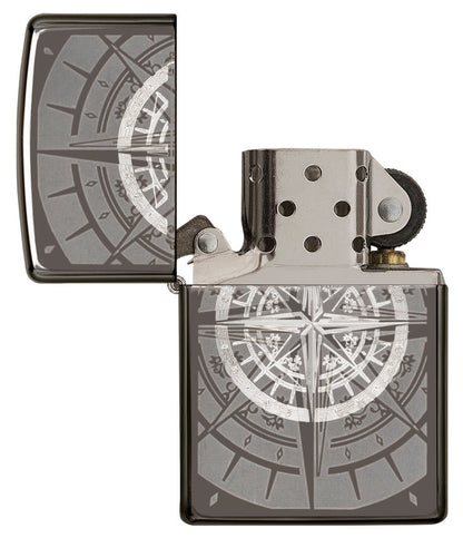 Black Ice Compass Windproof Lighter with its lid open and unlit.