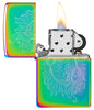 Laser Engraved Spiritual Design Multi Color Windproof Lighter with its lid open and lit.