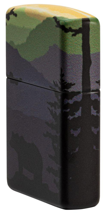 Bear Landscape Design 540 Color Windproof Lighter standing at an angle, showing the front and right side of the lighters design