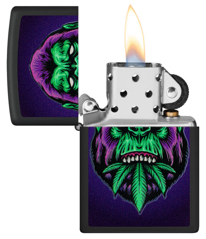 Zippo Black Light Cannabis Gorilla Design Black Matte Windproof Lighter  with its lid open and lit.