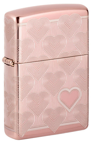 Front shot of Heart Design High Polish Rose Gold Windproof Lighter standing at a 3/4 angle.