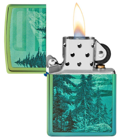 Mountain Design High Polish Teal Windproof Lighter with its lid open and lit
