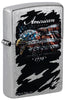 Front shot of Zippo Buckwear Design Eagle Flag Street Chrome Windproof Lighter standing at a 3/4 angle.
