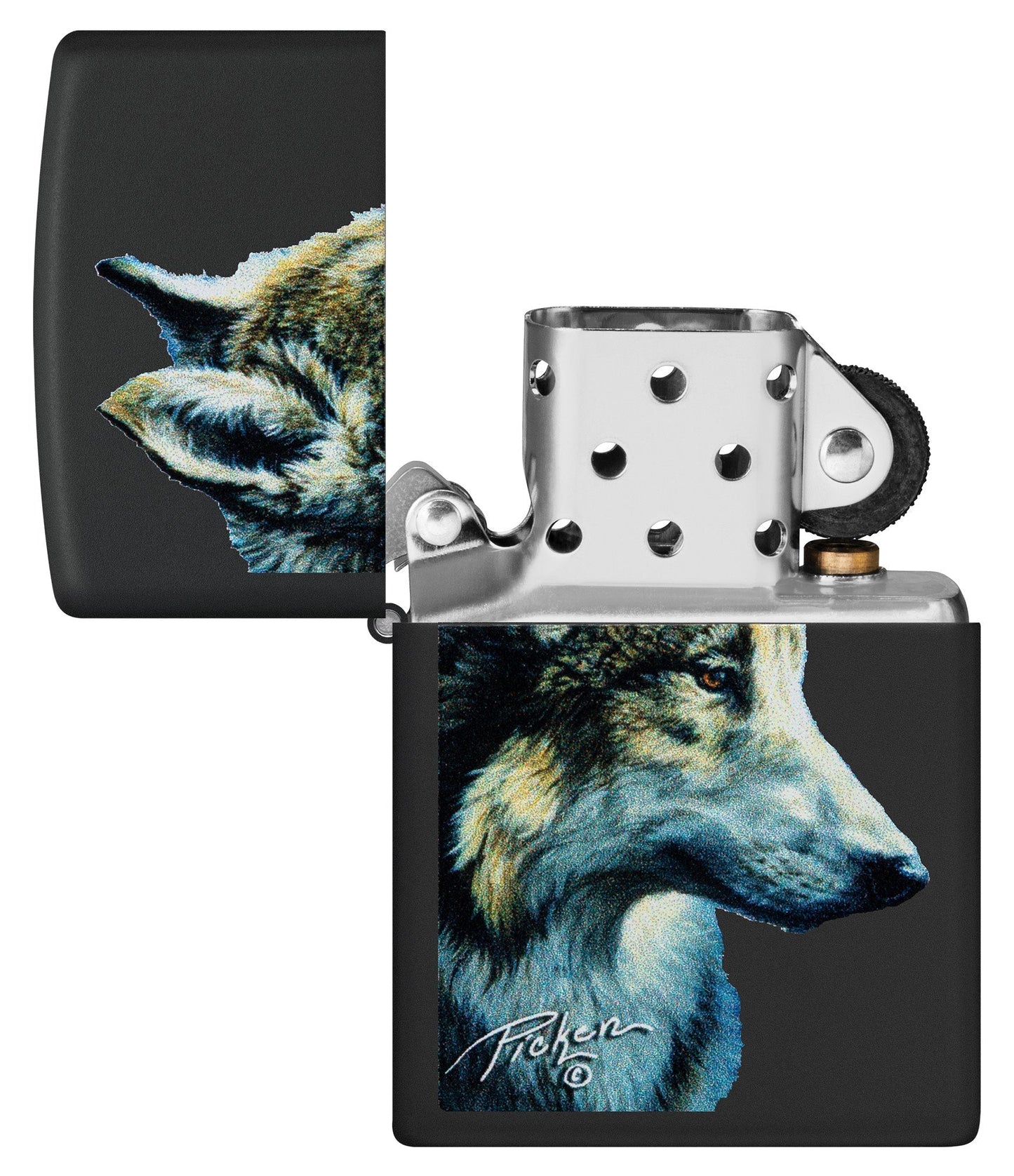 Zippo Linda Pickens Wolf Design Black Matte Windproof Lighter with its lid open and unlit.