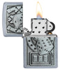 Lucky 7 Emblem Street Chrome™ Windproof Lighter with its lid open and lit
