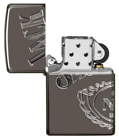 Jack Daniel's® Armor® High Polish Black Ice® Windproof Lighter with its lid open and unlit