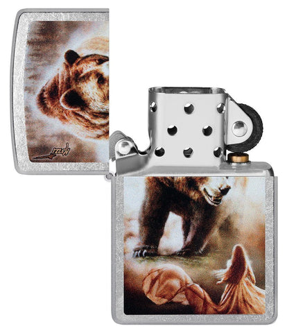 Mazzi Grizzly Bear Street Chrome Windproof Lighter with its lid open and unlit.