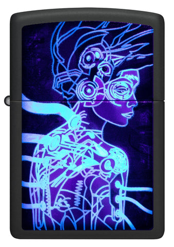 Front view of Zippo Black Light Cyber Woman Design Black Matte Windproof Lighter glowing with a black light.