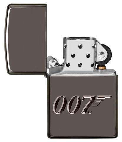 James Bond 007T Armor® High Polish Black Ice Windproof Lighter with its lid open and unlit