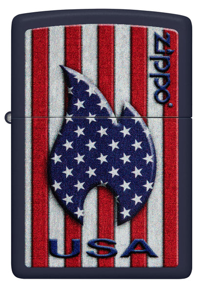 Front view of Zippo Patriotic Flame Design Navy Matte Windproof Lighter.