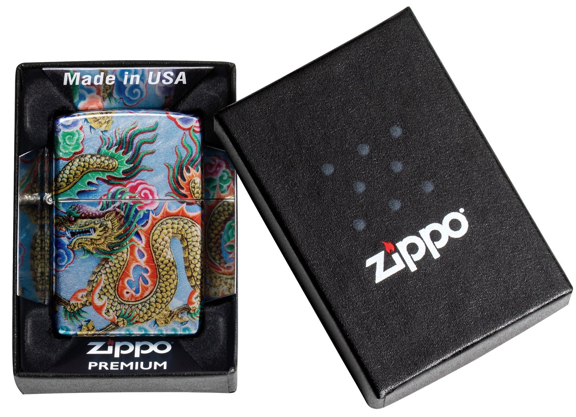 Zippo Dragon Design 540 Fusion Windproof Lighter in its packaging.