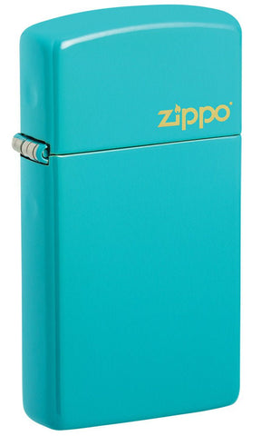 Front shot of Zippo Slim Flat Turquoise Zippo Logo Pocket Lighter standing at a 3/4 angle.