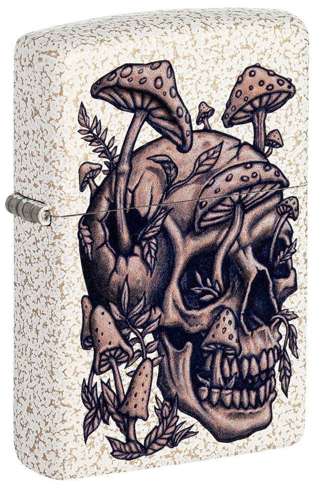 Front shot of Skullshroom Design Mercury Glass Windproof Lighter standing at a 3/4 angle.