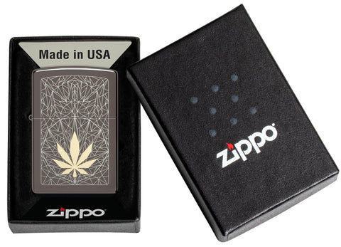 Cannabis Design Laser Two Tone Black Ice Windproof Lighter in its packaging.
