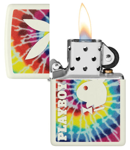 Playboy Tie-Dye Glow In the Dark Windproof Lighter with the lid open and lit.
