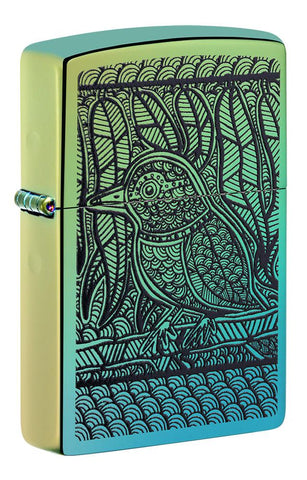 Front shot of John Smith Gumbula Bird High Polish Teal Windproof Lighter standing at a 3/4 angle
