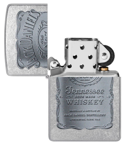 Jack Daniel's Silver Logo Street Chrome Windproof Lighter with its lid open and unlit.