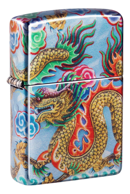 Front shot of Zippo Dragon Design 540 Fusion Windproof Lighter standing at a 3/4 angle.