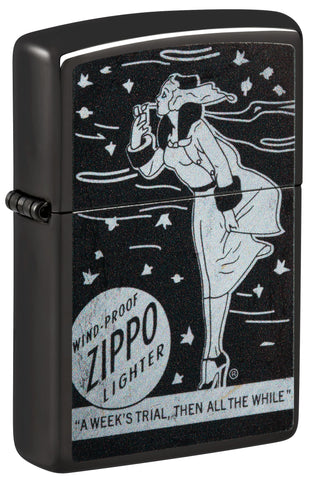 Front shot of Windy Design High Polish Black Windproof Lighter standing at a 3/4 angle.