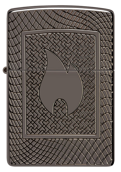 Front view of Zippo Flame Pattern Design Armor Black Ice Windproof Lighter .