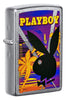 Front shot of Playboy Beach Rabbit Head Street Chrome™ Windproof Lighter standing at a 3/4 angle.