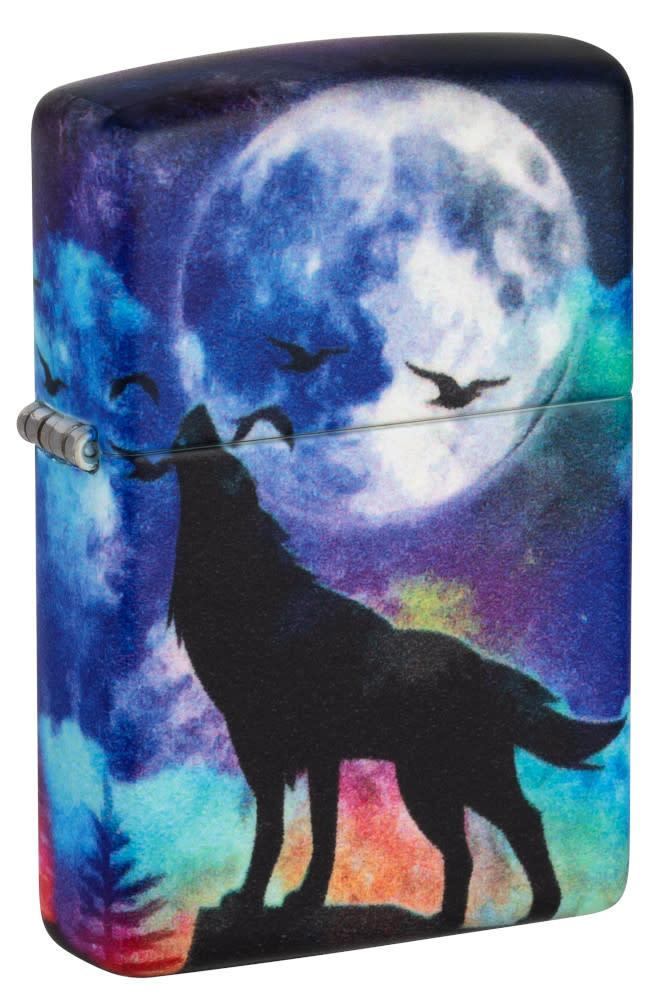 Front shot of Wolf Howling Design 540 Color Windproof Lighter standing at a 3/4 angle.