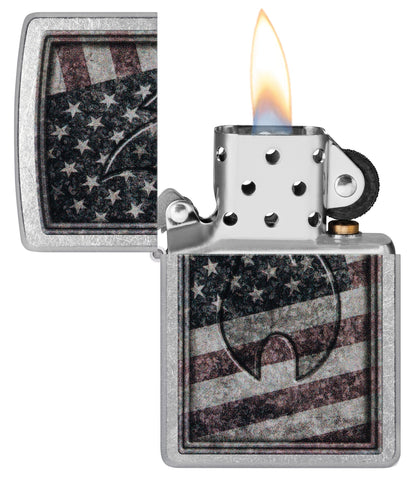 Americana Flame Design Street Chrome™ Windproof Lighter with its lid open and lit.
