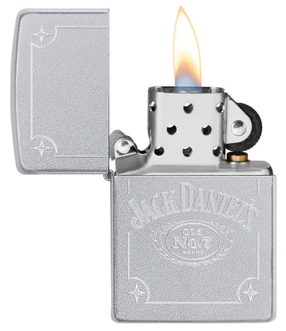 Jack Daniel's® Auto Engraved Satin Chrome Windproof Lighter with its lid open and lit.