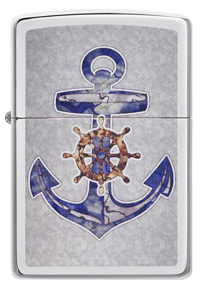 Front of Anchor Design High Polish Chrome Windproof Lighter