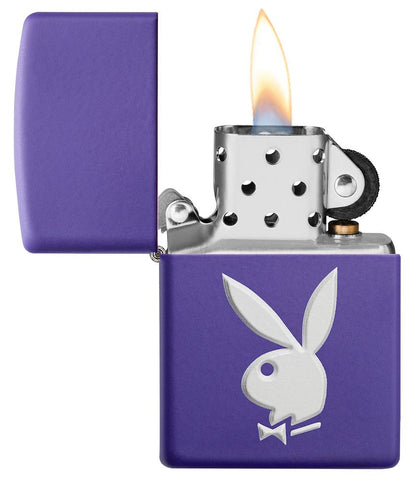 Playboy Texture Purple Matte Windproof Lighter with its lid open and lit