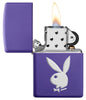 Playboy Texture Purple Matte Windproof Lighter with its lid open and lit
