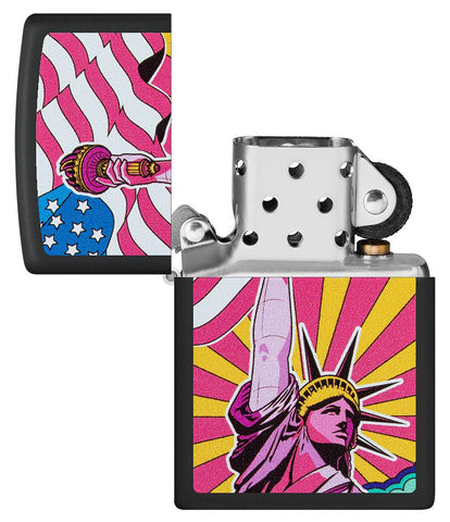 Lady Liberty Design Black Matte Windproof Lighter with its lid open and unlit.