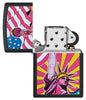 Lady Liberty Design Black Matte Windproof Lighter with its lid open and unlit.