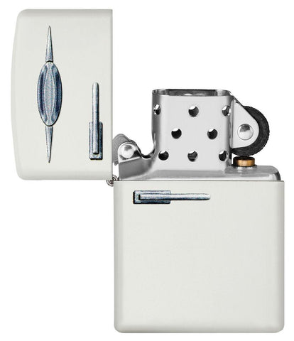 Retro Fridge Texture Print White Matte Windproof Lighter with its lid open and unlit.