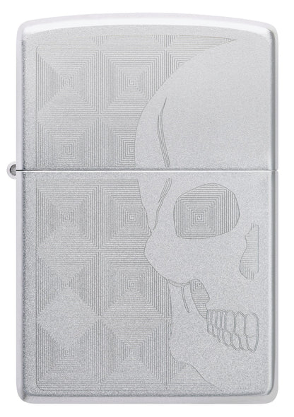 Front shot of Skull Design Auto Engraved Satin Chrome Windproof Lighter.