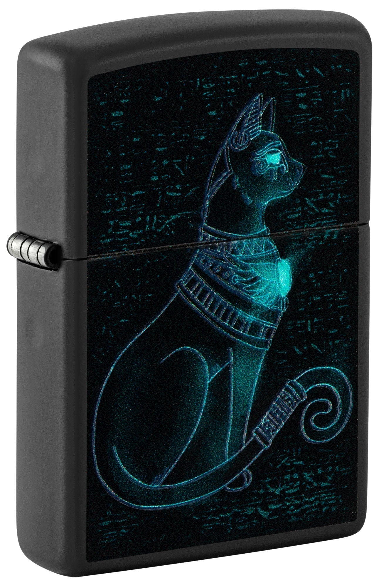 Front shot of Zippo Black Light Spiritual Cat Design Black Matte Windproof Lighter standing at a 3/4 angle.