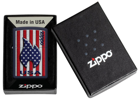 Zippo Patriotic Flame Design Navy Matte Windproof Lighter in its packaging.