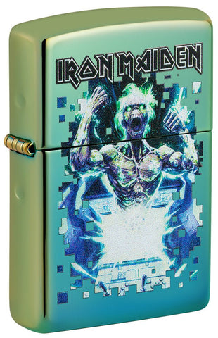 Front shot of Iron Maiden Eddie Design High Polish Teal Windproof Lighter standing at a 3/4 angle.
