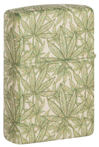 Back shot of Cannabis Design 540 Color Leaves Windproof Lighter, standing at a 3/4 angle.