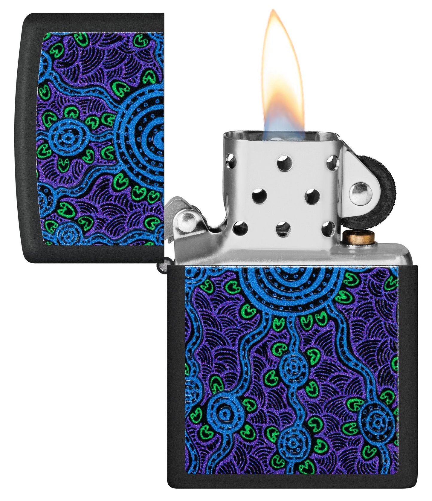 Zippo John Smith Gumbula Black Light Design Black Matte Windproof Lighter with its lid open and lit.