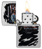 Zippo Buckwear Design Eagle Flag Street Chrome Windproof Lighter with its lid open and lit.