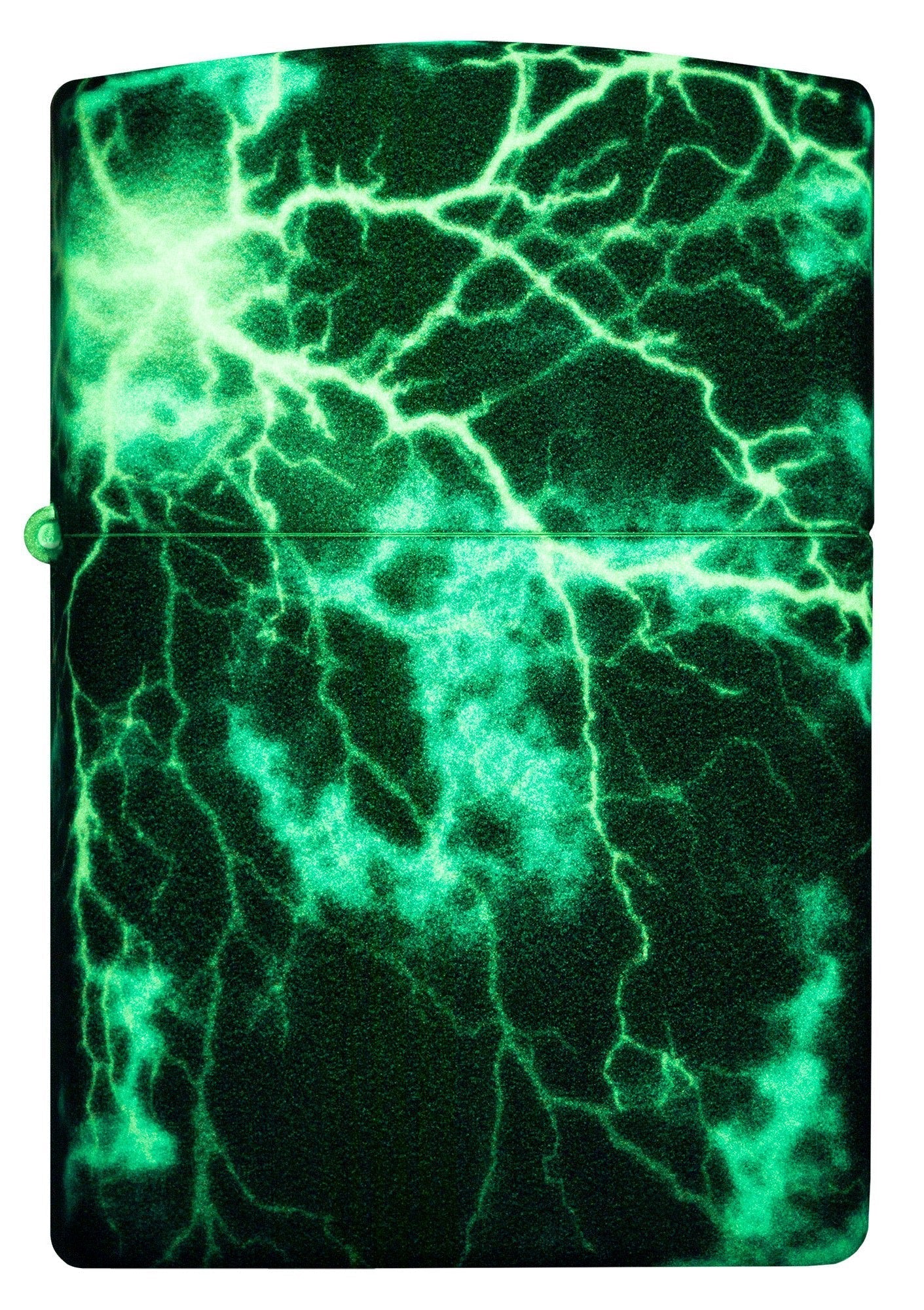 Front shot of Zippo Lightning Design Glow in the Dark 540 Color Windproof Lighter glowing in the dark.