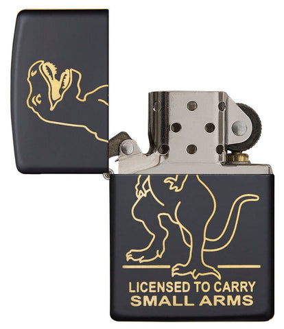censed to Carry Small Arms" Dinosaur Engraving Black Matte Lighter with its lid open and unlit.