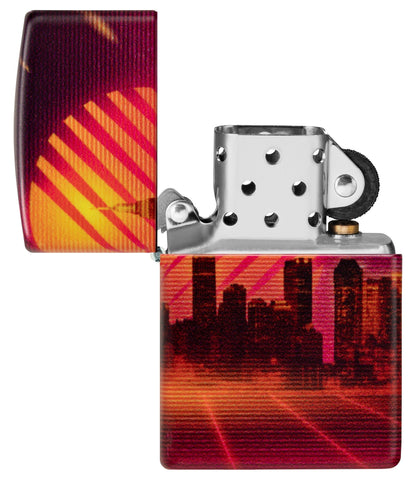 Zippo Cyber City Design 540 Color Matte Windproof Lighter  with its lid open an unlit.