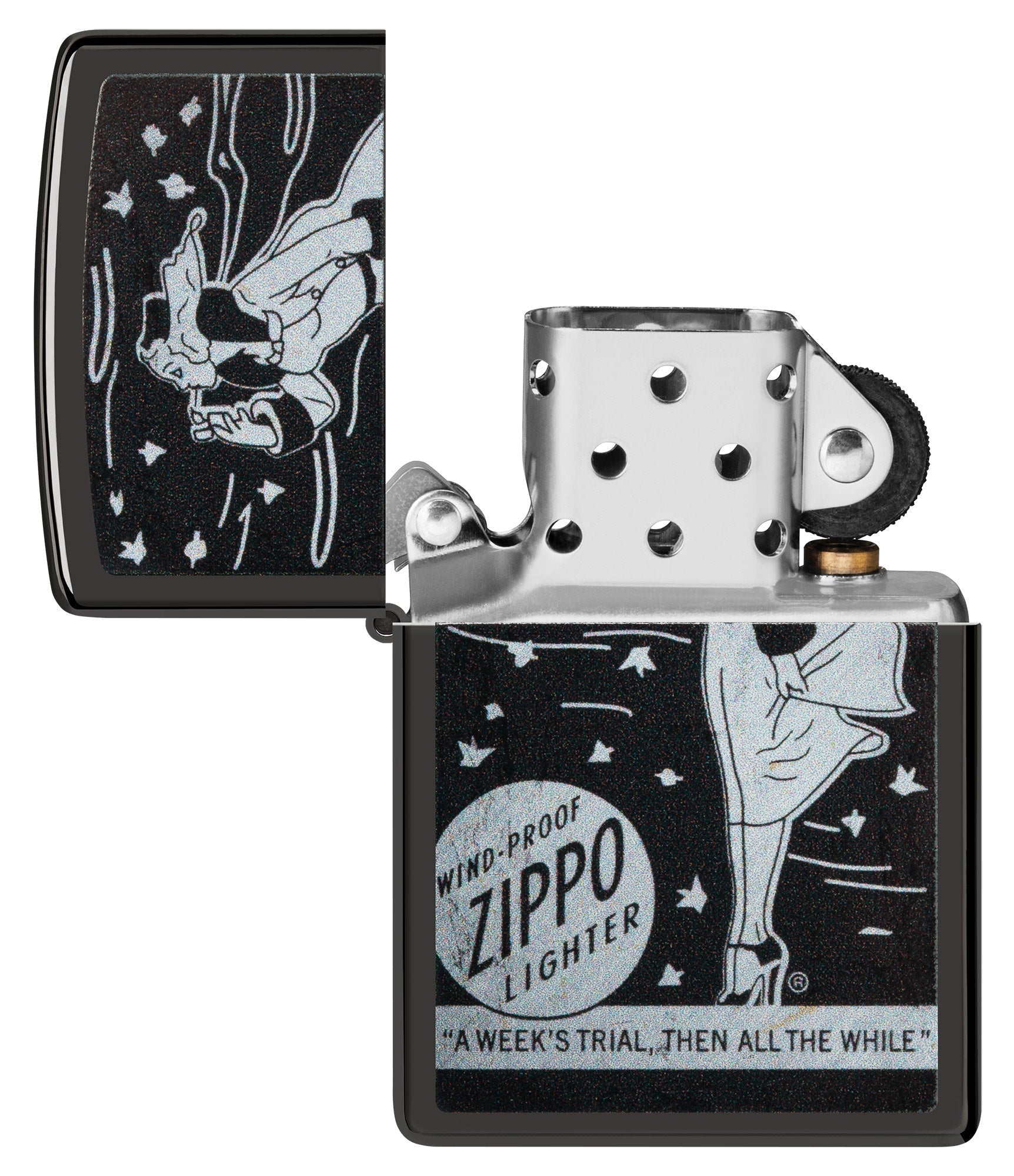 Windy Design High Polish Black Windproof Lighter with its lid open and unlit.