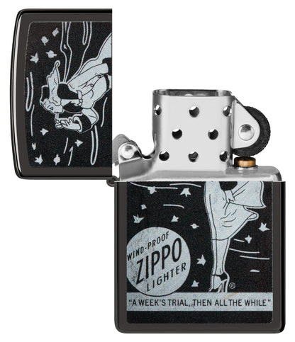 Windy Design High Polish Black Windproof Lighter with its lid open and unlit.