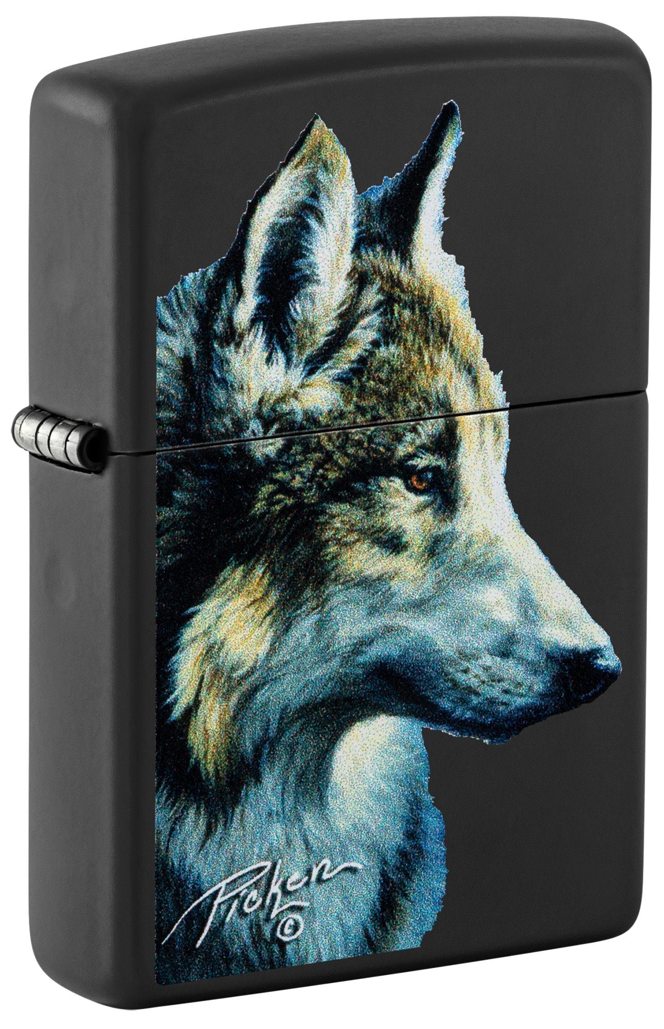 Front shot of Zippo Linda Pickens Wolf Design Black Matte Windproof Lighter standing at a 3/4 angle.