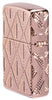 Geometric Diamond Pattern Design Armor® Rose Gold Windproof Lighter standing at an angle, showing the back and hinge side of the lighter.