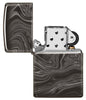 Marble Pattern Design High Polish Black Windproof Lighter with its lid open and unlit.