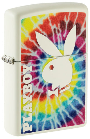 Front shot of Playboy Tie-Dye Glow In the Dark Windproof Lighter, standing at a 3/4 angle.